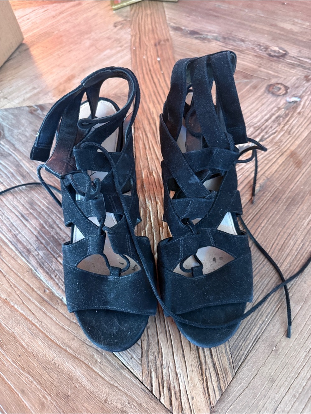 Via Spiga Black Suede Lace-Up Heeled Sandals